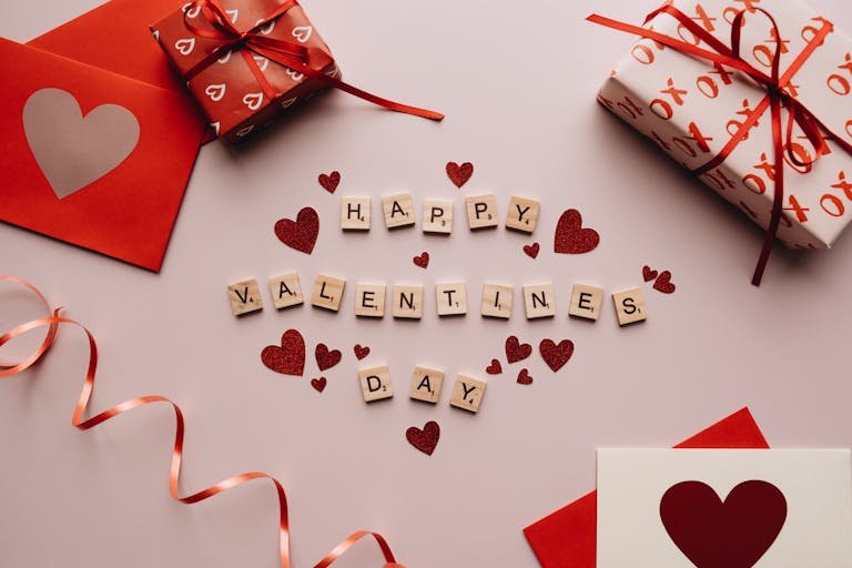 Celebratory Valentine's Day decor with gifts, hearts, and love notes.